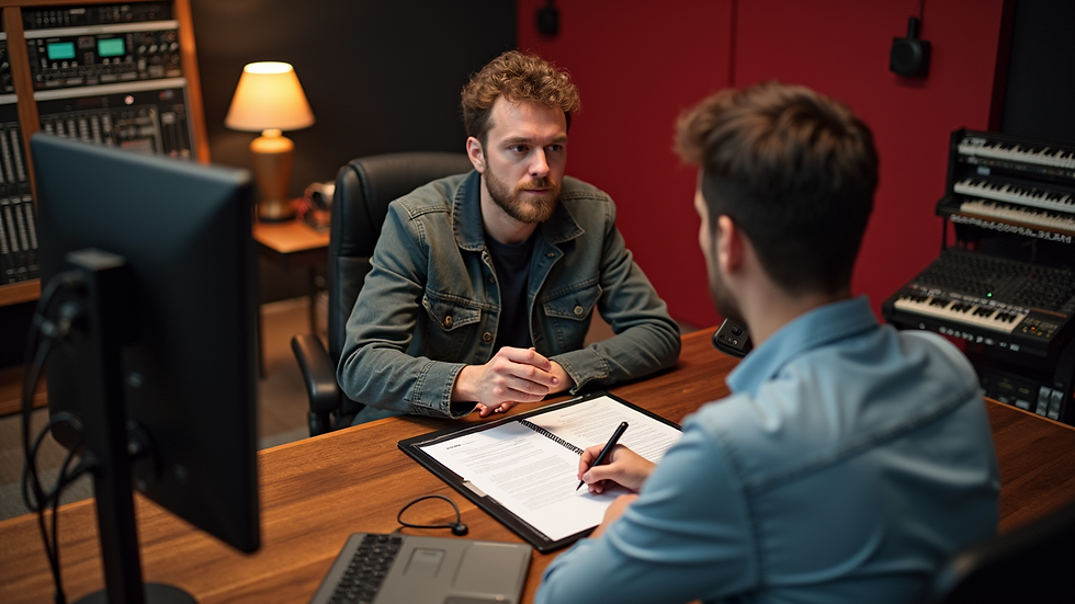 High angle view of a music producer negotiating contract terms