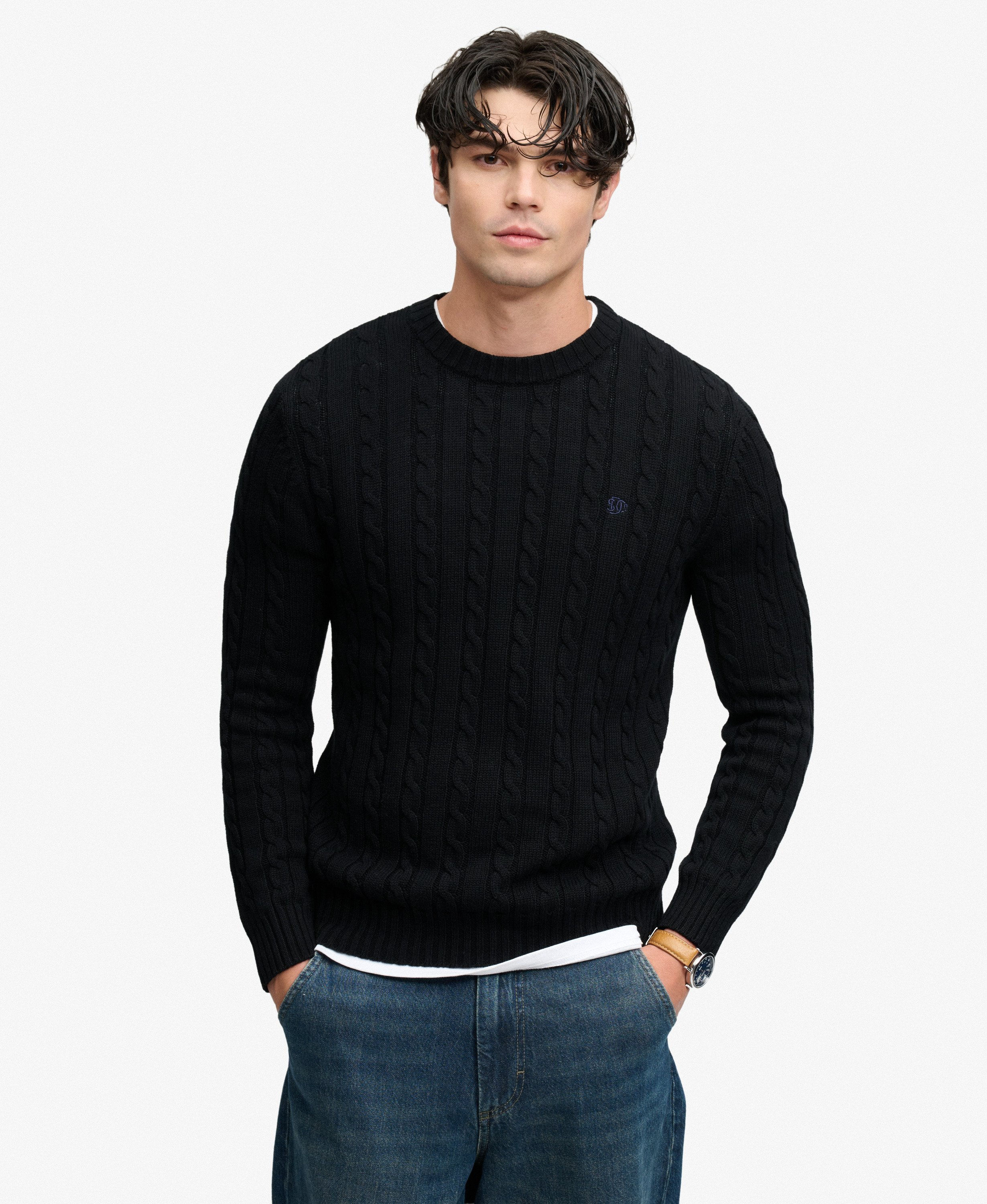 SUPERDRY Pull Noir en coton à col rond et motif torsadé M6110707E 02A