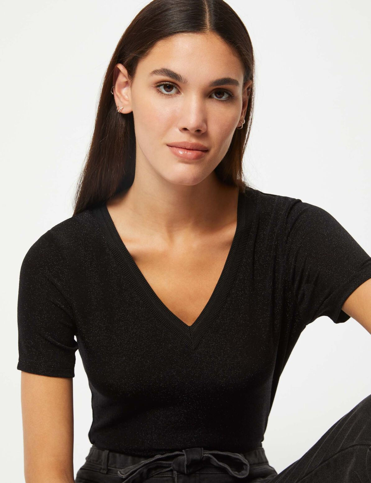 MORGAN T-shirt manches courtes avec col en V noir femme DIWI