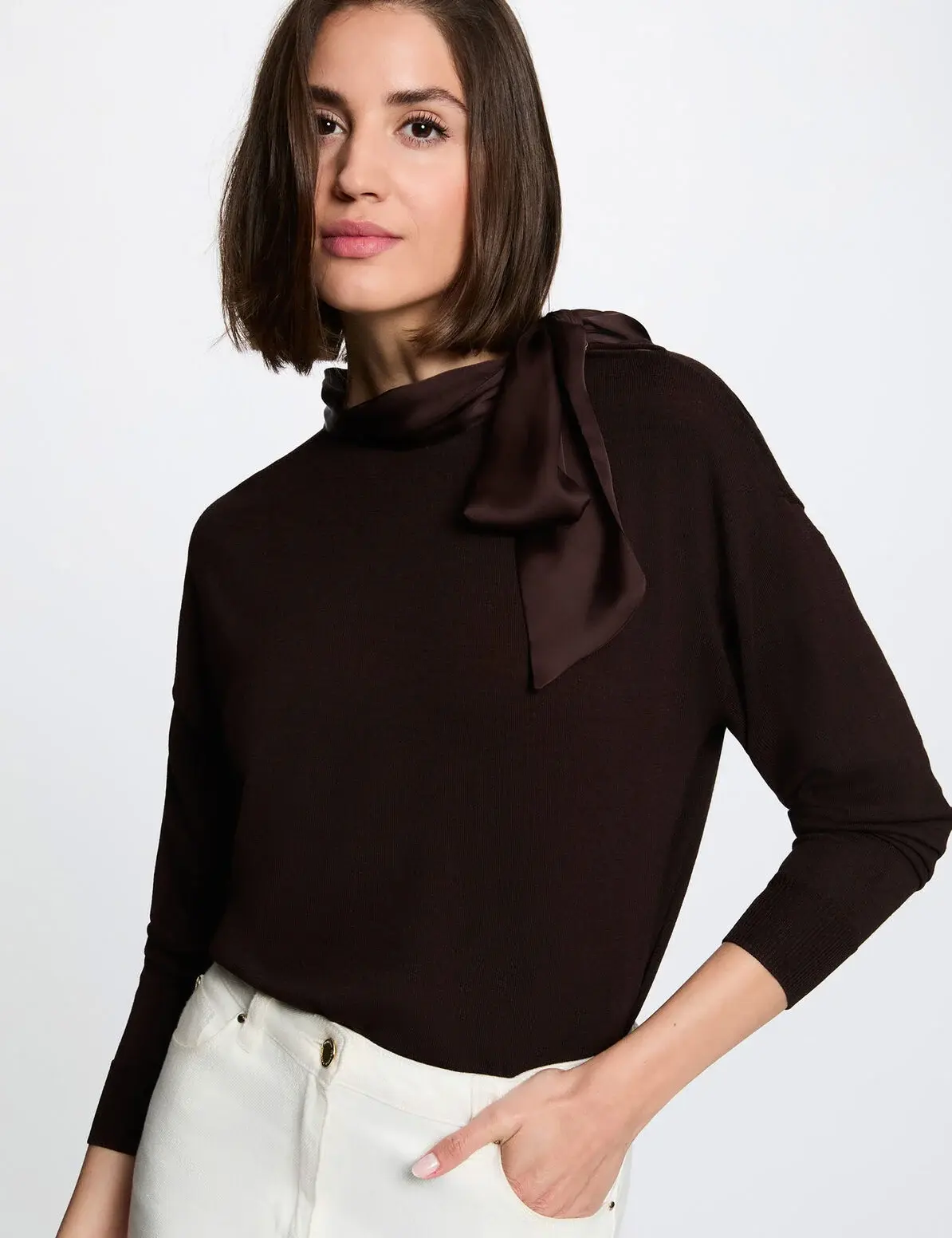 MORGAN MENTON Pull col rond manches longues marron foncé femme