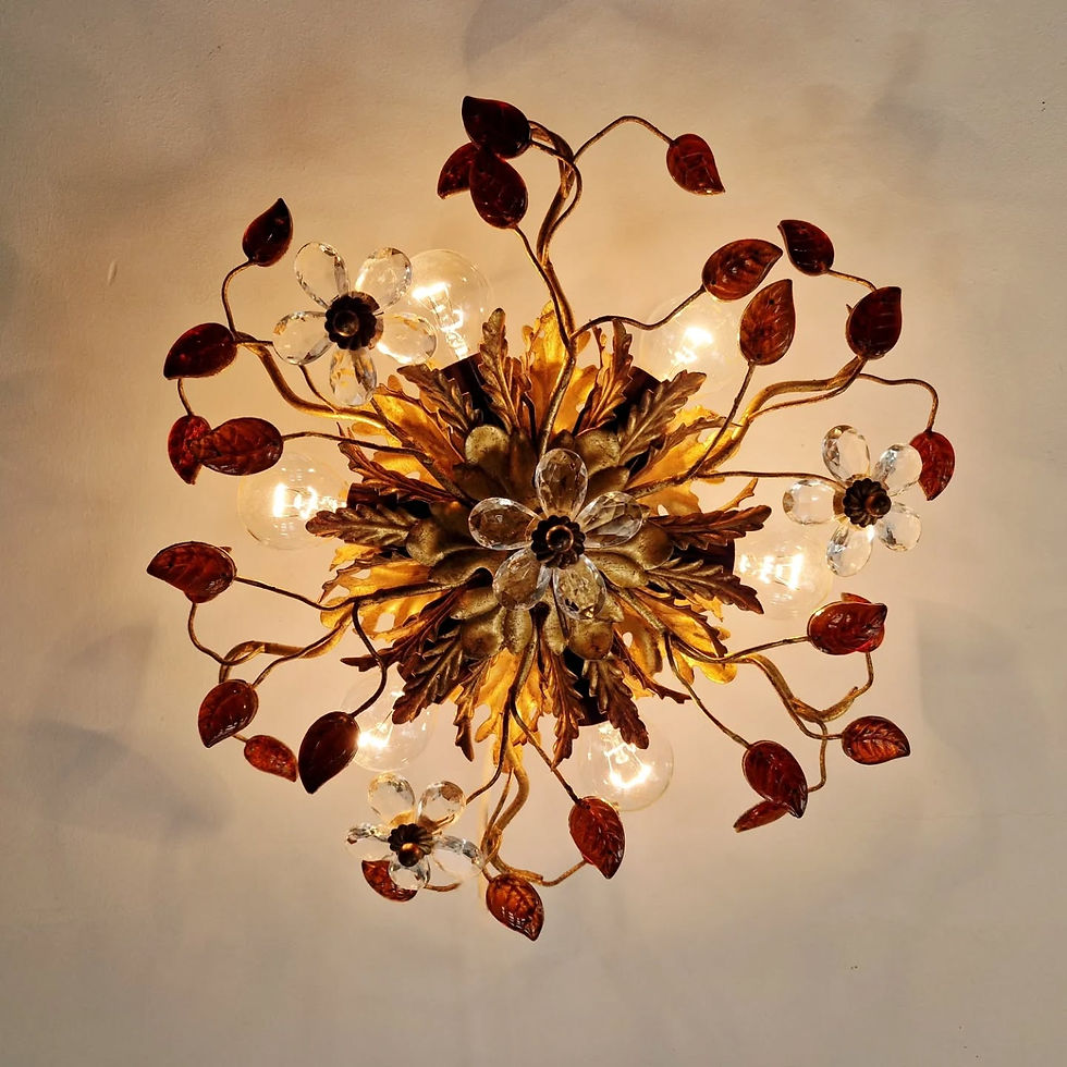 Miniature : Plafonnier floral en métal doré et cristal, Banci Firenze (Italie), 1970