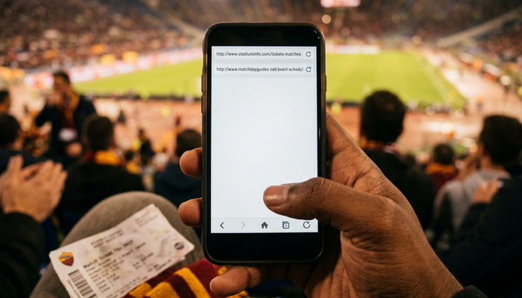 Close-up of a hand comparing two similar web addresses on a phone screen before a football match