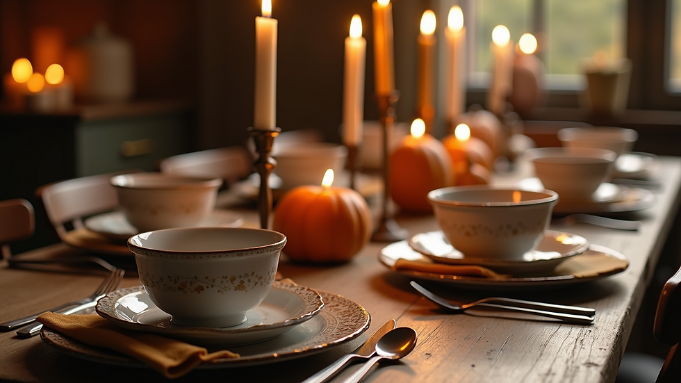 Eye-level view of a rustic wooden table set with autumn dishes and candles
