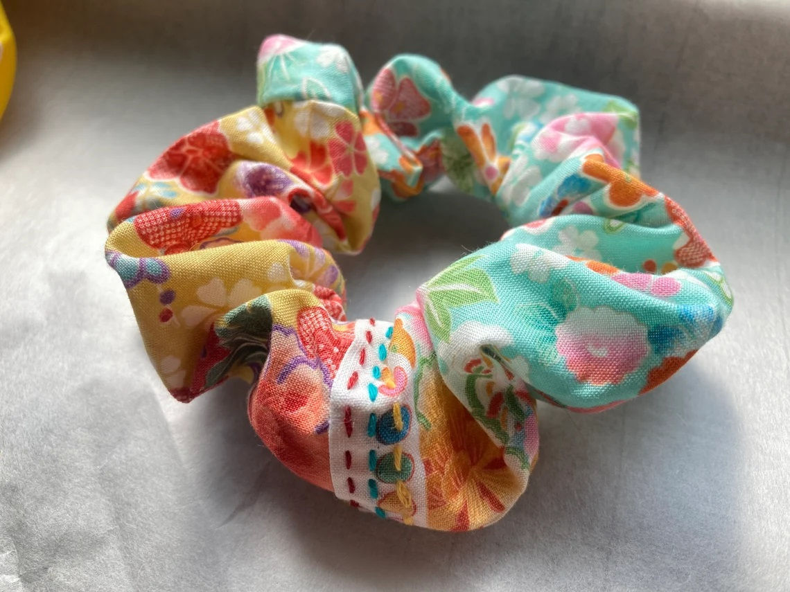 Kimono scrunchie, scrunchy, ponytail holder , soft mustard yellow , gentle green