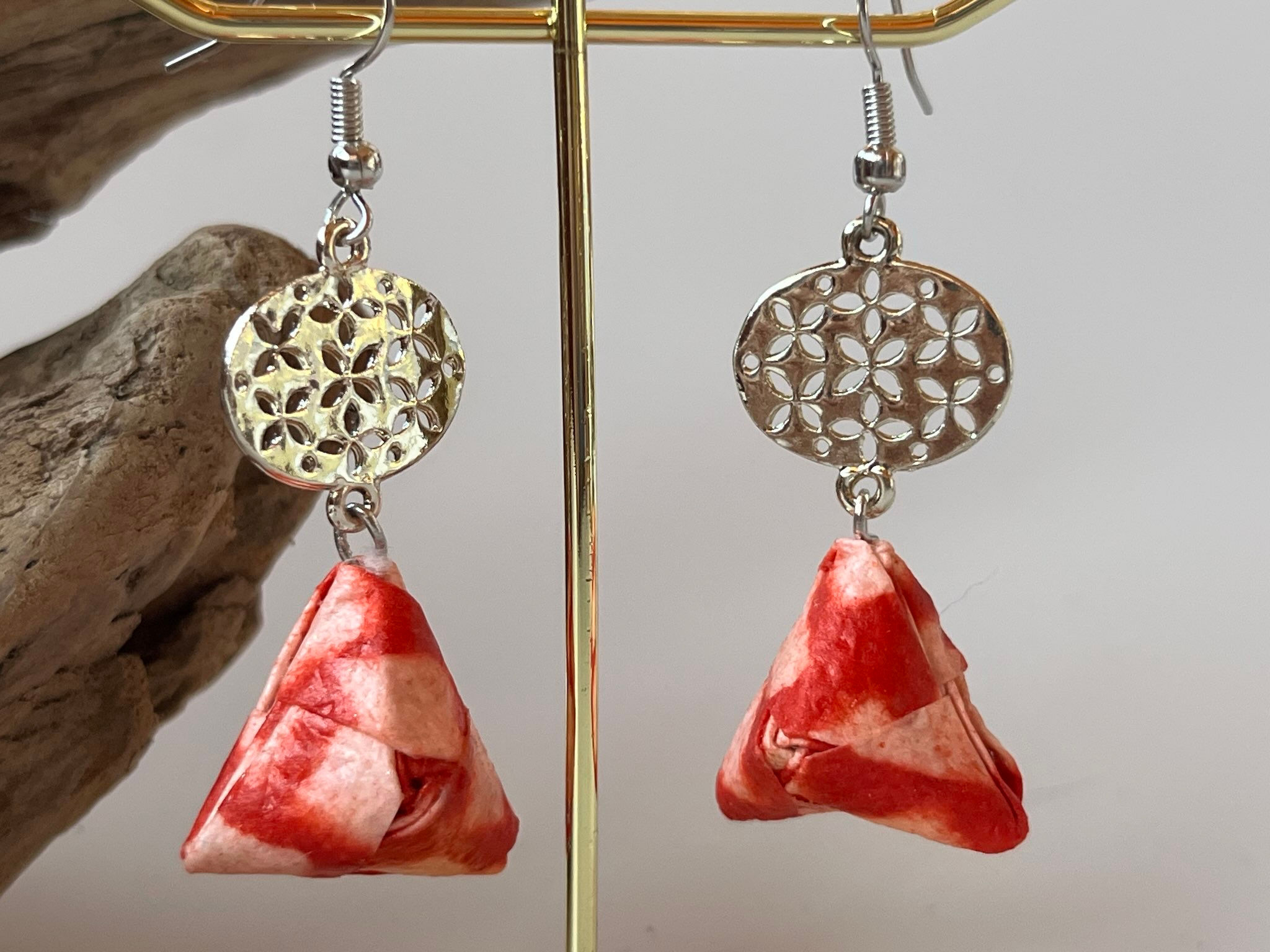 Japanese Washi Origami Earrings "Red Shibori"