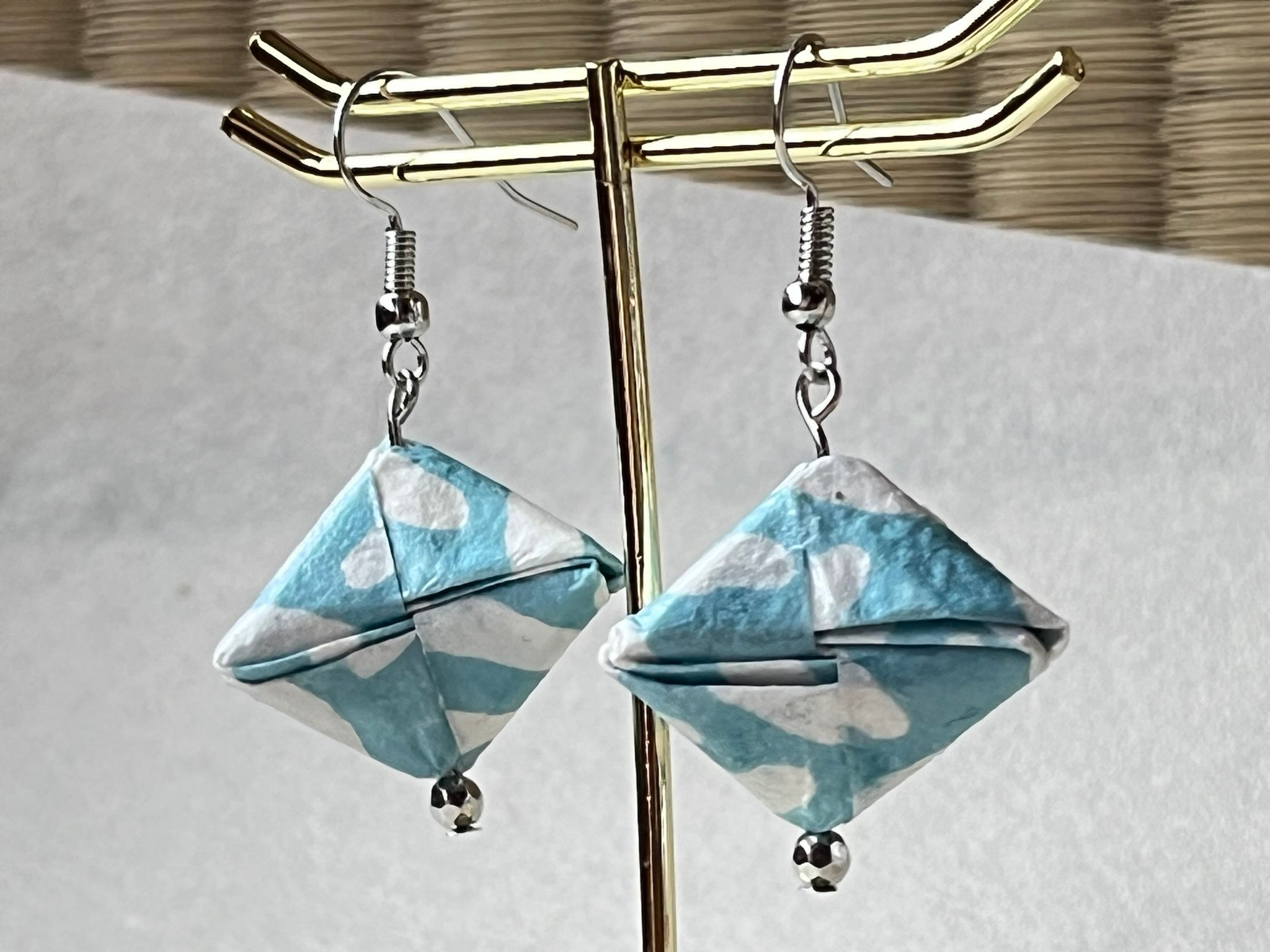 Japanese Washi Origami Earrings "sky blue Seigaiha"