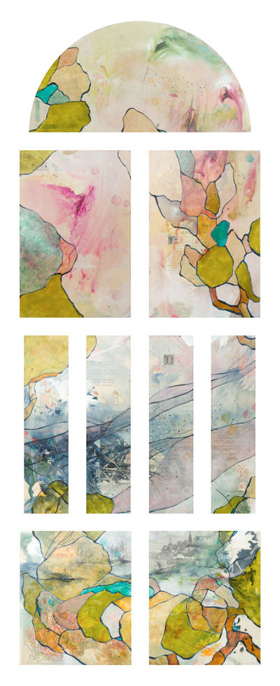 Le Prince Muguet von Christin Breuil – Mixed-Media-Kunstwerk auf Holzkasten mit Collage, Acryl, Tusche, Ölkreide, Enkaustik und Glasmalfarbe