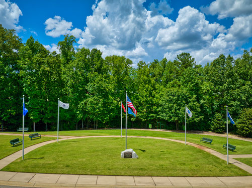 Aerial drone photograph of flags at Veterans Park in Irmo SC