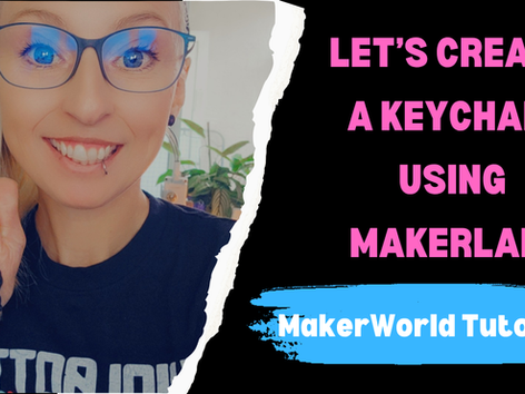Person smiling, holding a Halloween keychain. Text: "LET’S CREATE A KEYCHAIN USING MAKERLAB! MakerWorld Tutorial." Background has plants.