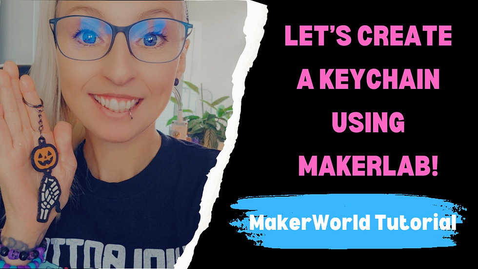 Person smiling, holding a Halloween keychain. Text: "LET’S CREATE A KEYCHAIN USING MAKERLAB! MakerWorld Tutorial." Background has plants.