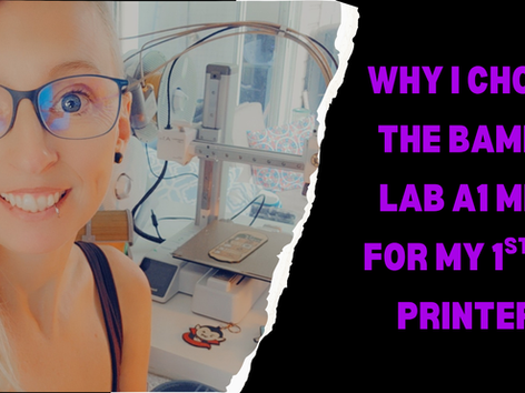 Woman smiling by a 3D printer, text reads "Why I chose the Bambu Lab A1 Mini for my 1st 3D printer!" Bright, cheerful mood.