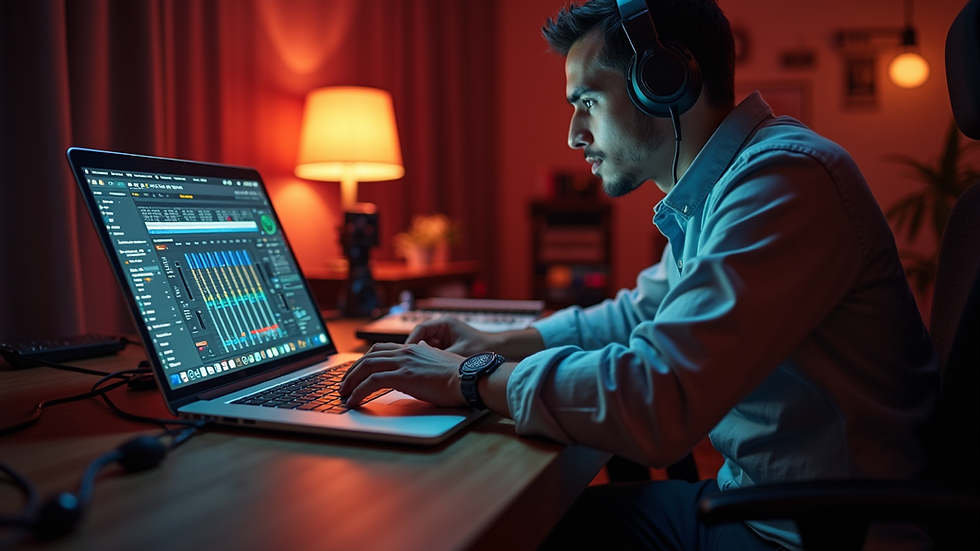Eye-level view of a music producer working on a laptop in a studio
