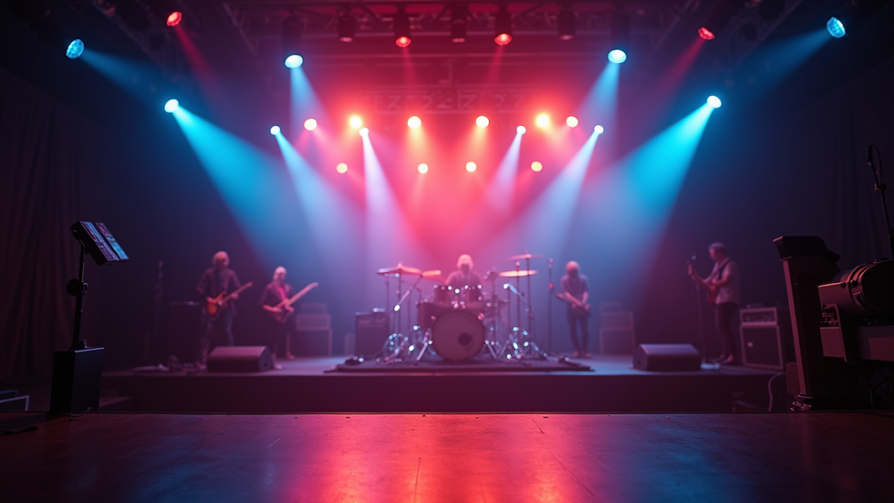 Eye-level view of a stage with colorful lighting and musical instruments ready for a performance