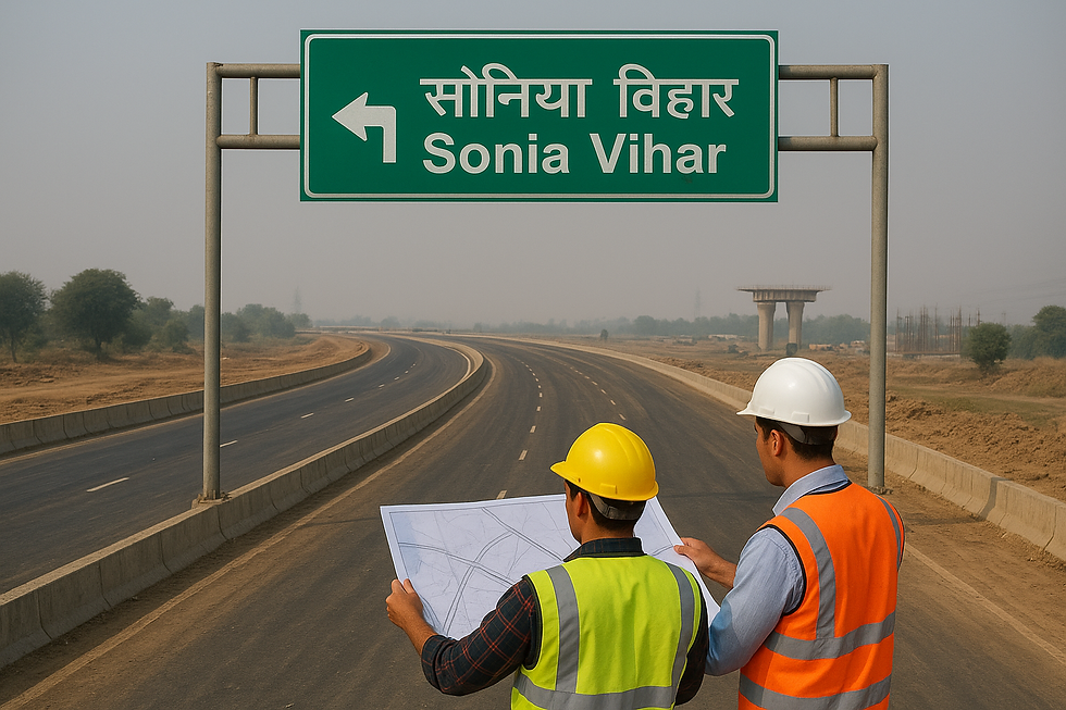 सोनिया विहार फ्लाईओवर परियोजना स्थल पर नक्शा पकड़े हुए दो इंजीनियर, जो सरकारी योजना और पूर्वी दिल्ली व एनसीआर में रियल एस्टेट विकास की संभावनाओं को दर्शाते हैं