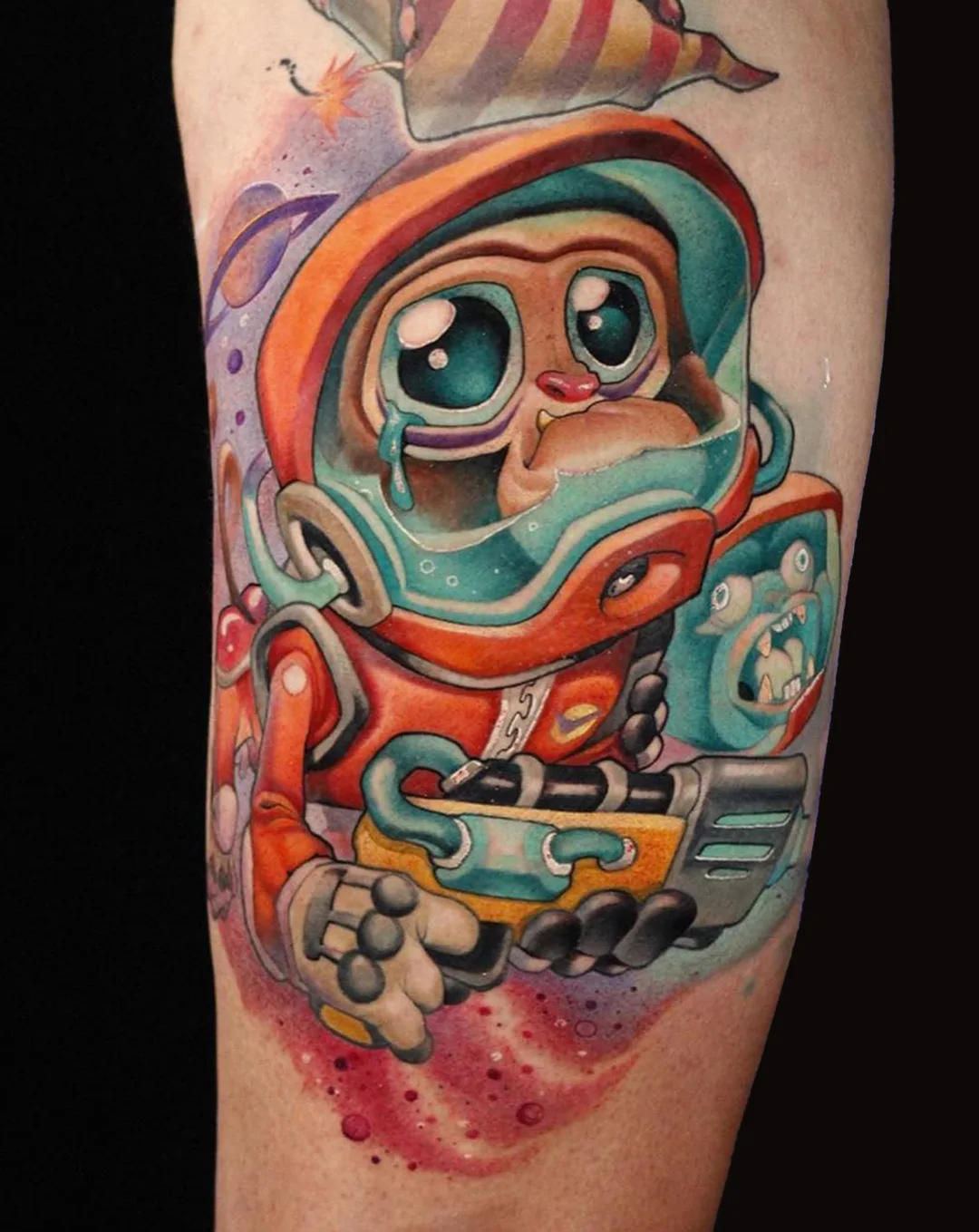 Neo-traditional space monkey astronaut tattoo on arm by Victor Chil — Seoul Ink Tattoo