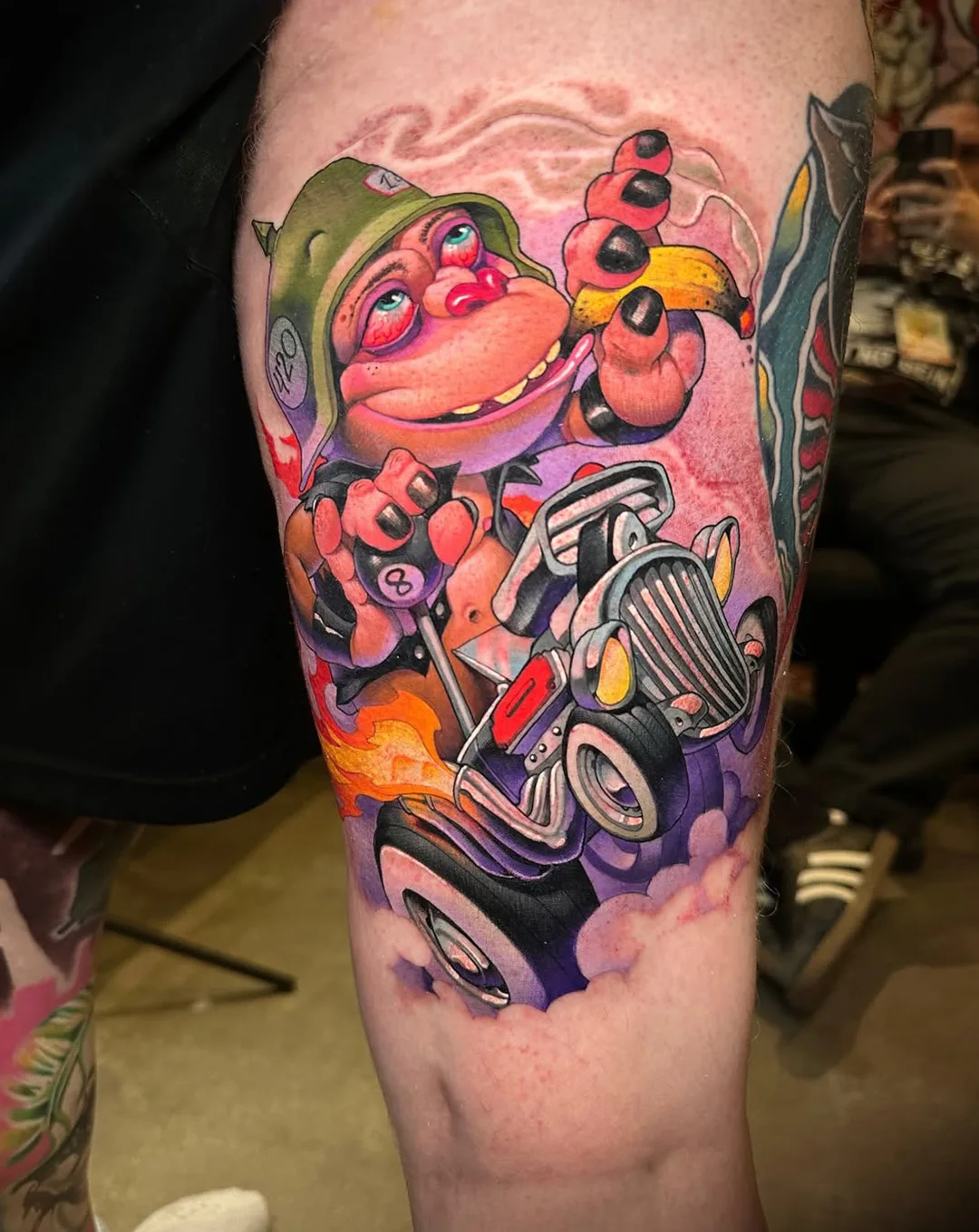 Neo-traditional monkey hot rod character thigh tattoo by Victor Chil — Seoul Ink Tattoo