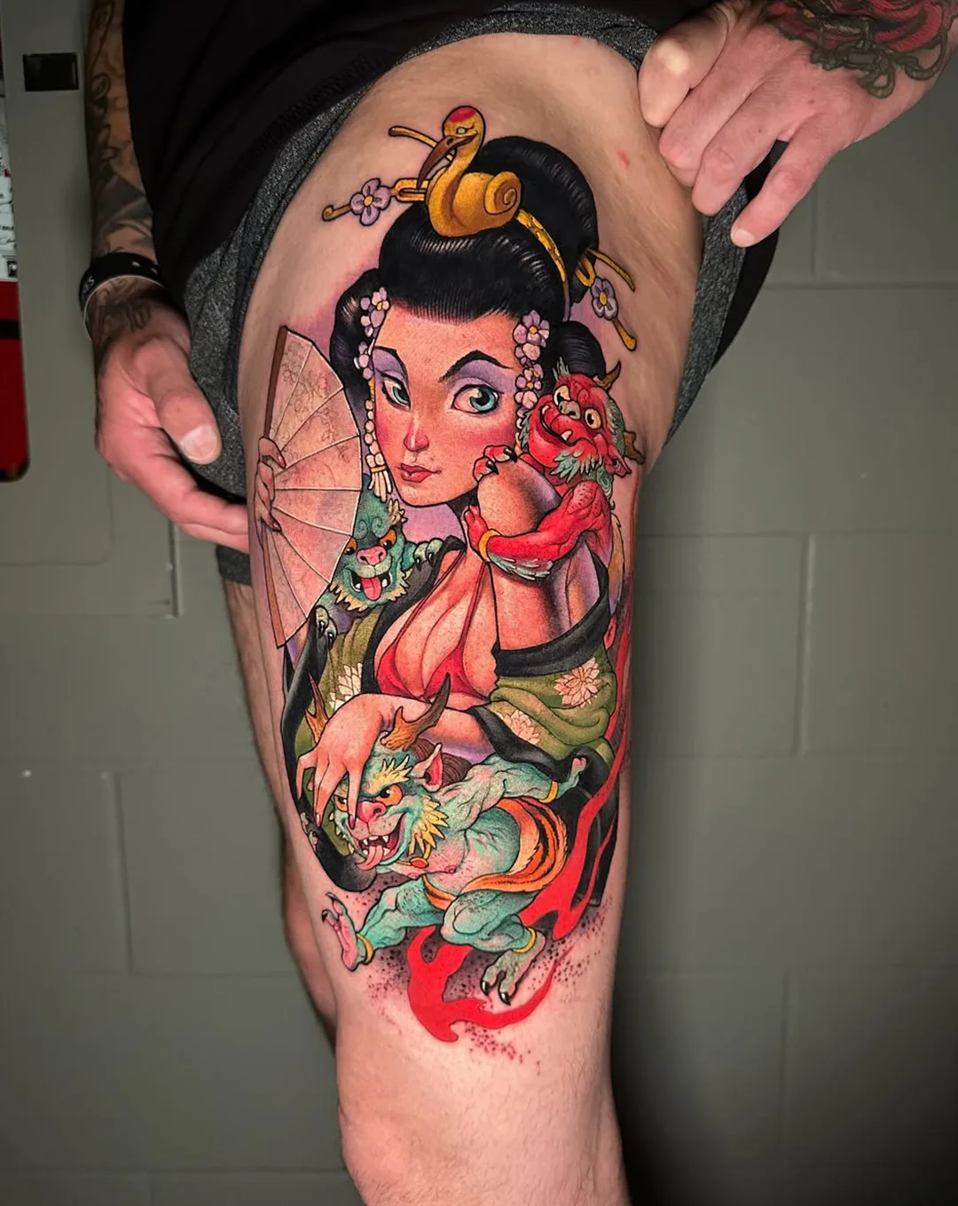 Neo-traditional geisha and mythical creature thigh tattoo by Victor Chil — Seoul Ink Tattoo Gangnam