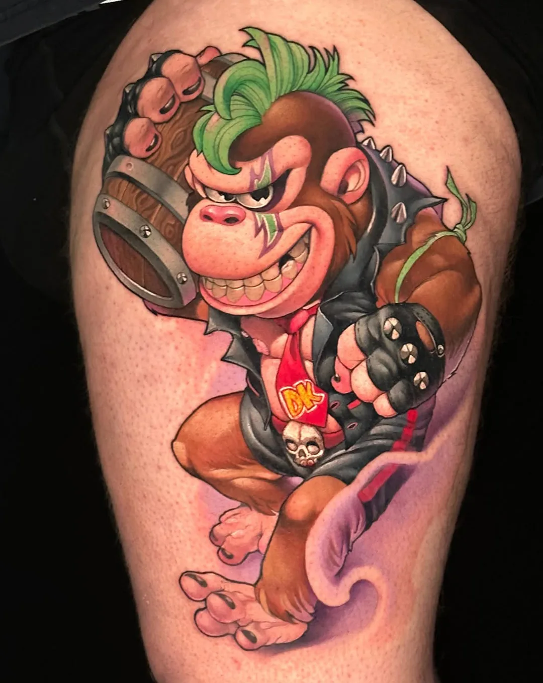 Neo-traditional Donkey Kong punk character thigh tattoo by Victor Chil — Seoul Ink Tattoo