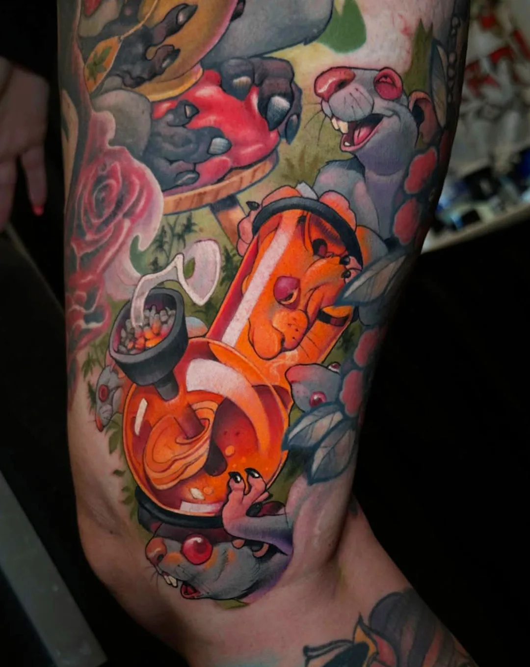 Neo-traditional raccoon and rats tattoo on leg by Victor Chil — Seoul Ink Tattoo Gangnam