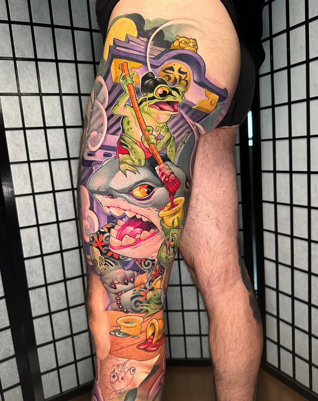 Neo-traditional frog samurai and shark full leg tattoo by Victor Chil — Seoul Ink Tattoo Seoul Korea