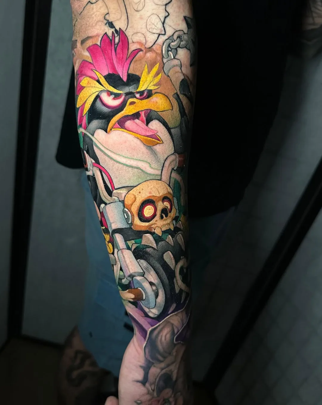Neo-traditional penguin biker sleeve tattoo by Victor Chil — Seoul Ink Tattoo Seoul South Korea