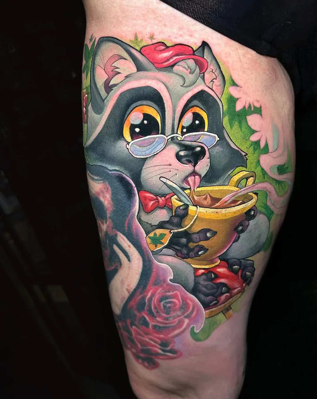 Neo-traditional raccoon with a cup. thigh tattoo by Victor Chil — Seoul Ink Tattoo Gangnam