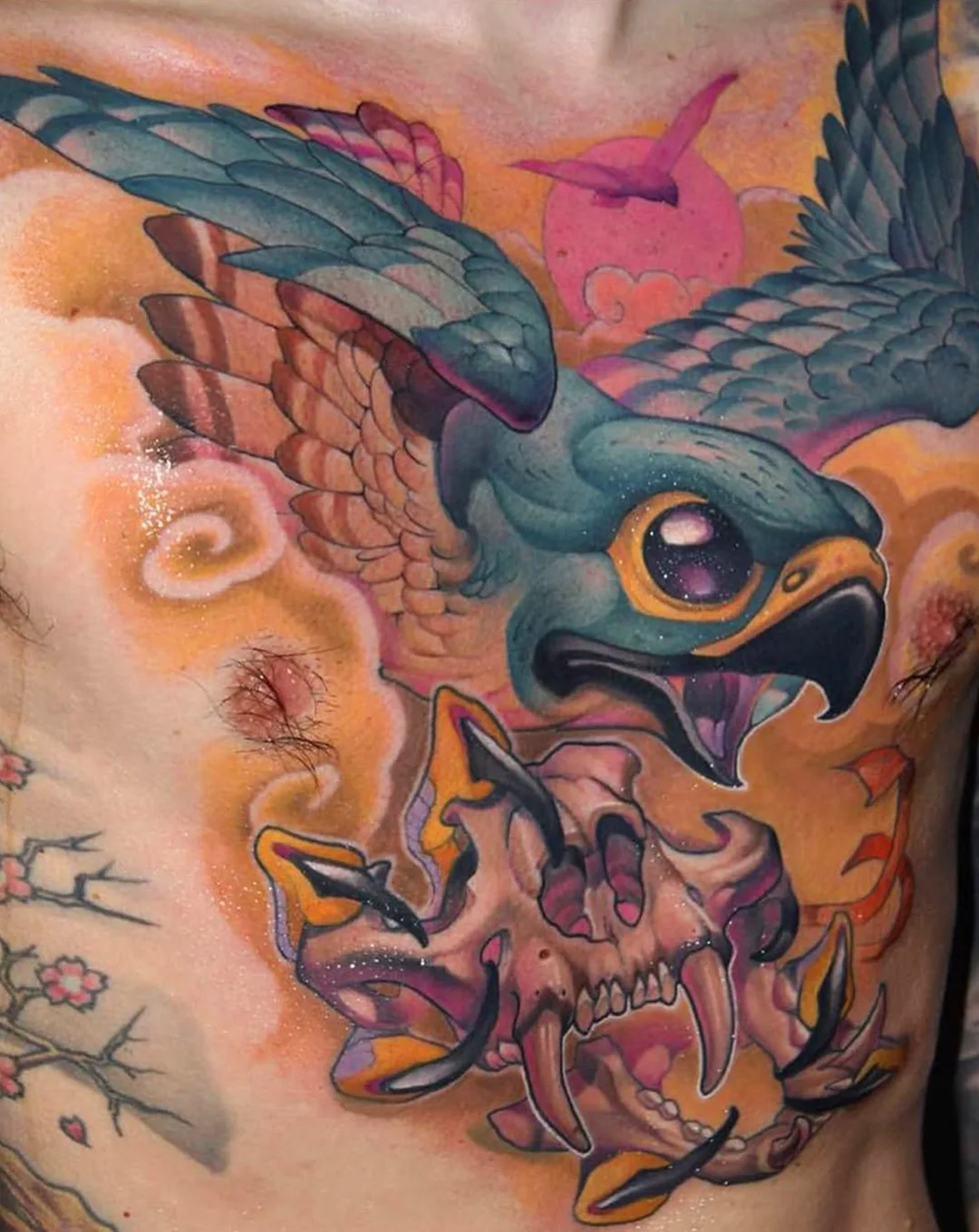 Neo-traditional falcon chest piece with skull motif. Victor Chil, Seoul Ink Tattoo.