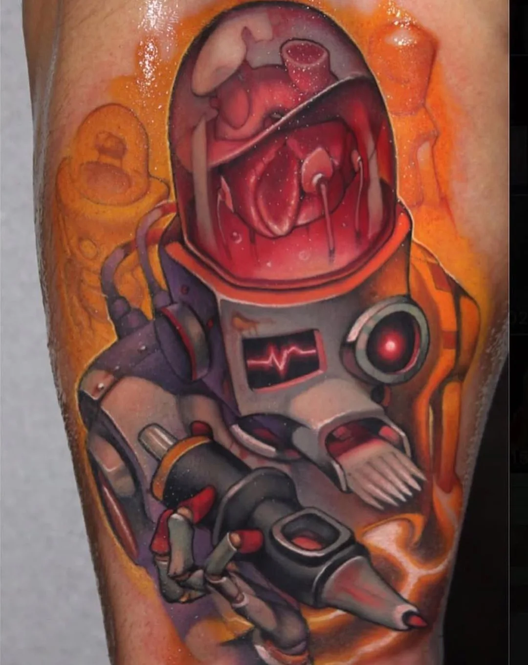 Neo-traditional astronaut with anatomical heart helmet tattoo by Victor Chil — Seoul Ink Tattoo