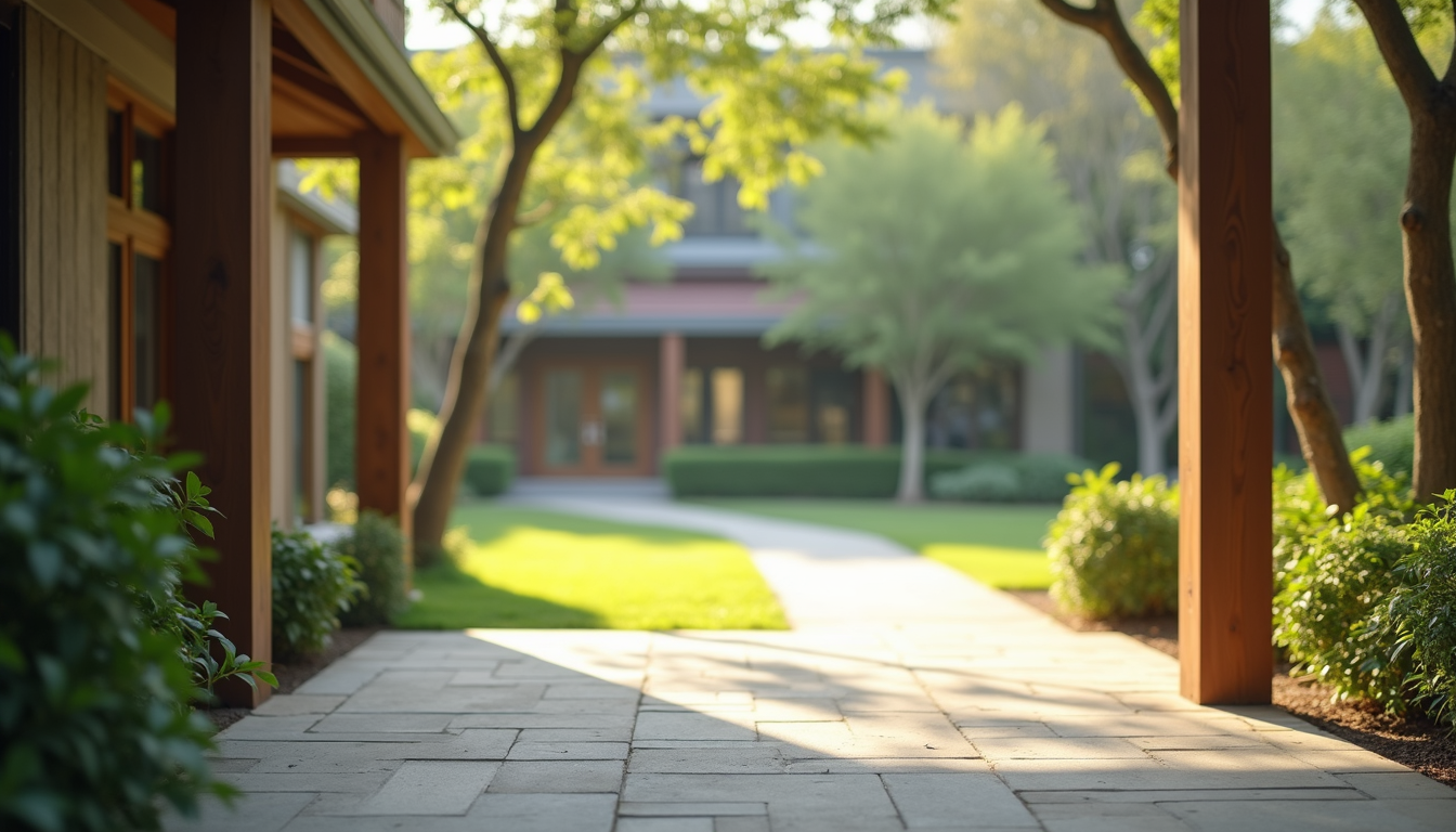 Wide-angle view of a peaceful outdoor study space
