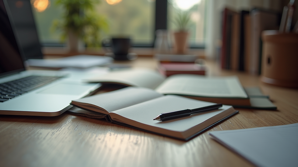 Eye-level view of a tidy study desk with books and a laptop
