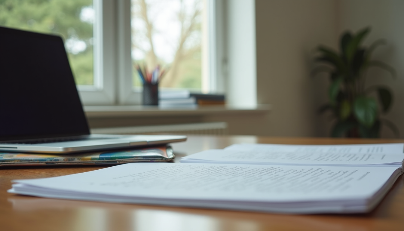 Eye-level view of a student desk with a laptop and study materials