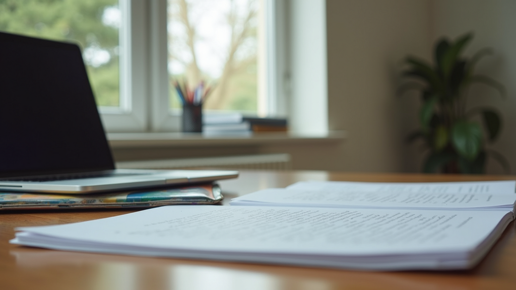 Eye-level view of a student desk with a laptop and study materials
