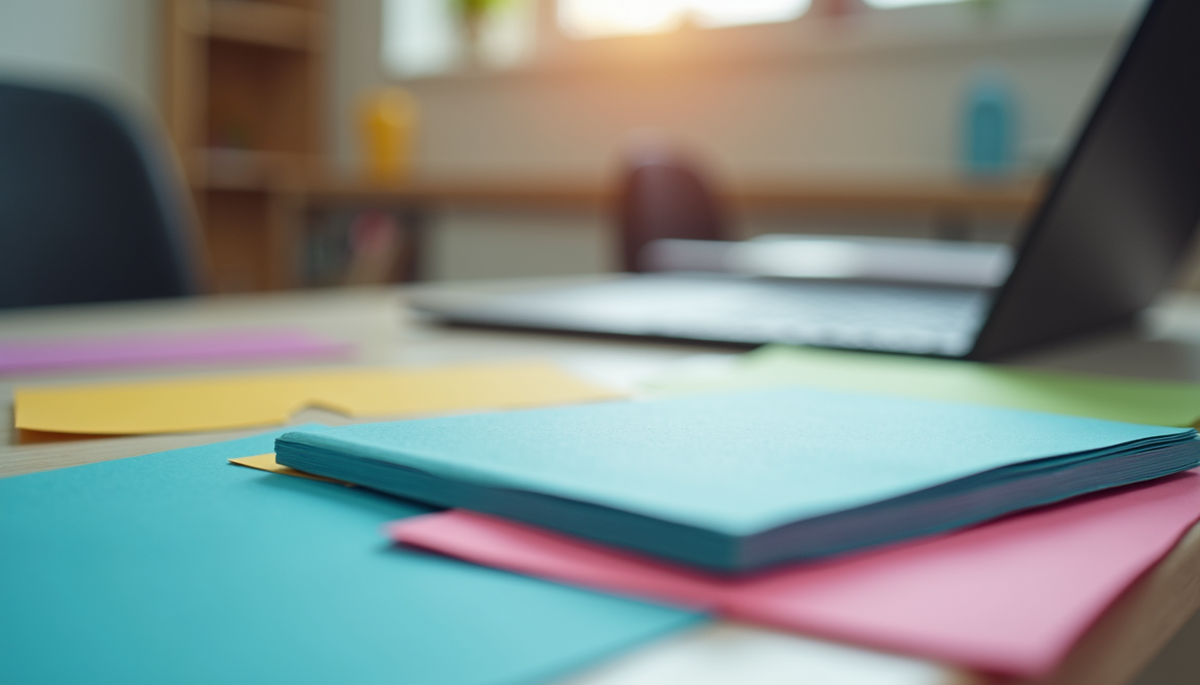 Close-up of colorful study notes and flashcards on a desk
