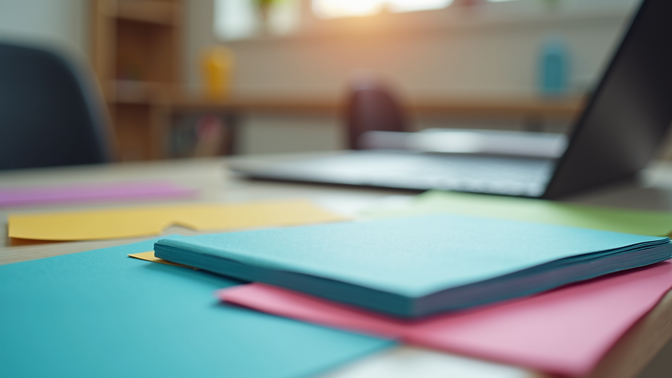 Close-up of colorful study notes and flashcards on a desk