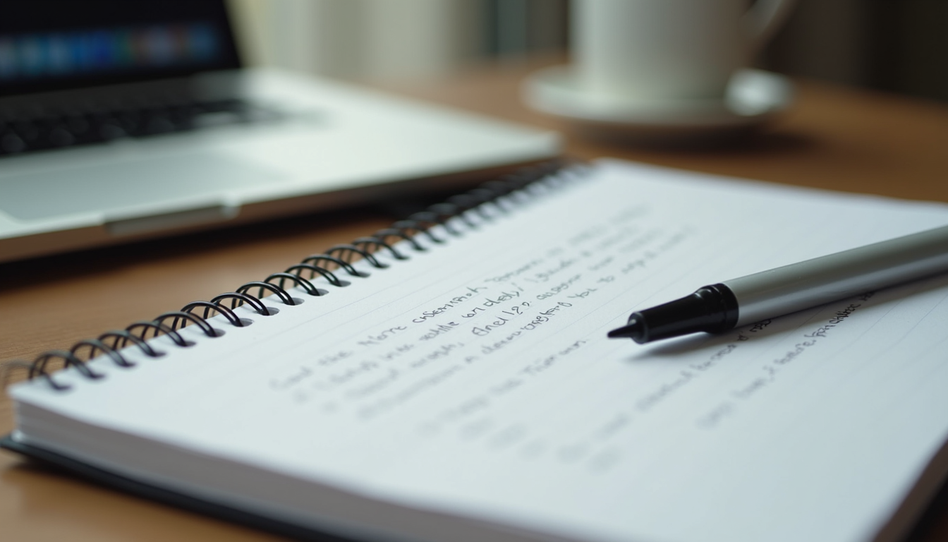 Close-up of a notebook with study notes and a highlighter