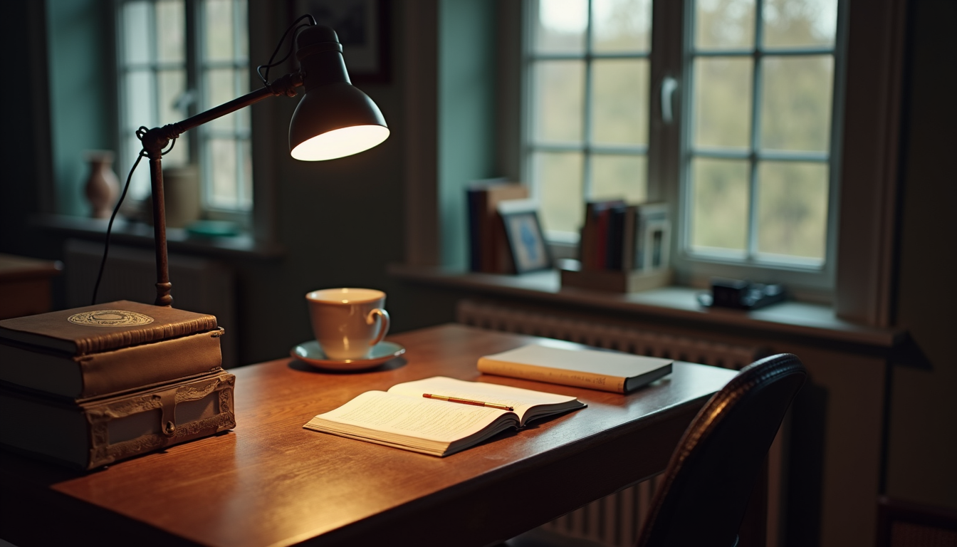 High angle view of a study corner with a desk lamp and books
