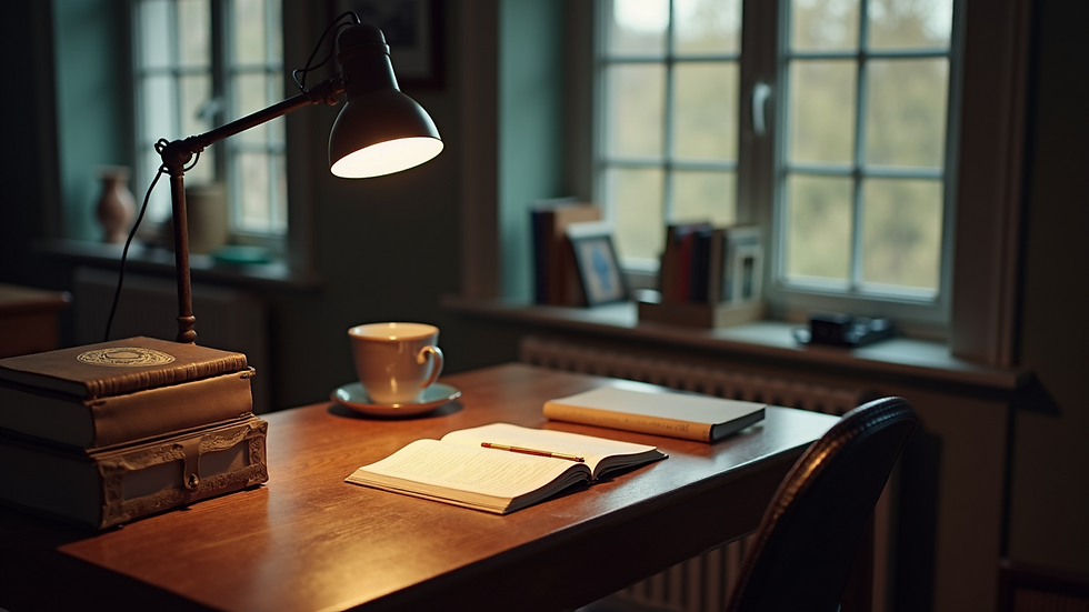 High angle view of a study corner with a desk lamp and books
