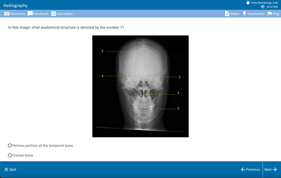Prepry platform displaying a radiographic image of a skull with measurements and annotations.