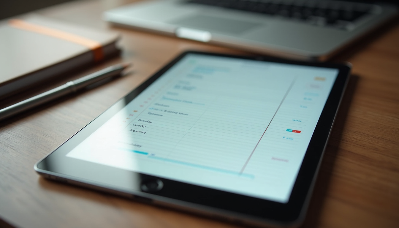Close-up view of a digital tablet displaying a study planner app