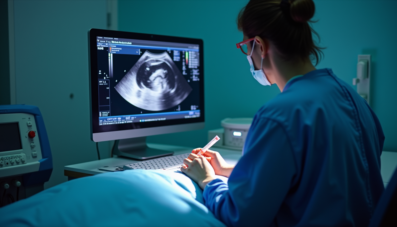 Close-up view of ultrasound technician performing a scan