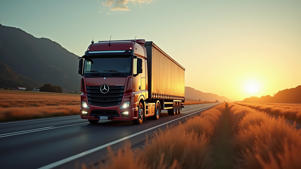Vista a livello occhi di un camion carico di merci pronto per la partenza