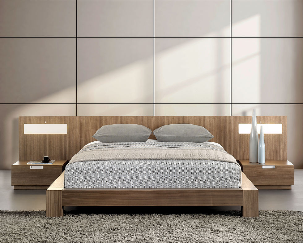 Contemporary bedroom featuring a large light-wood bed, textured gray bedding, and built-in nightstand.