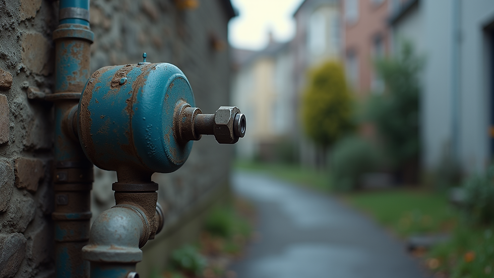 Eye-level view of a residential water meter and plumbing pipes