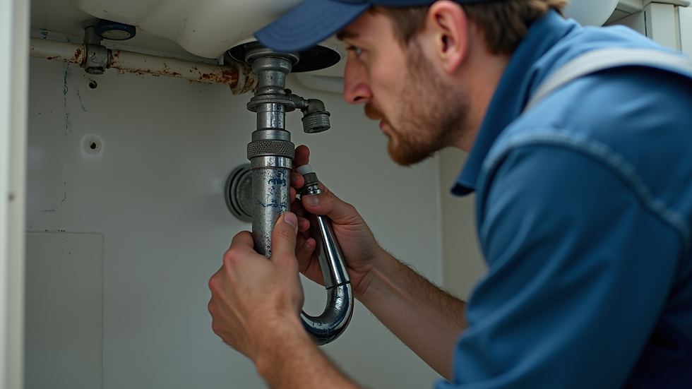 Close-up view of a plumber repairing a leaking pipe under a sink