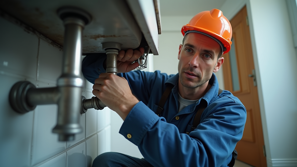 Eye-level view of a plumber fixing a pipe under a sink