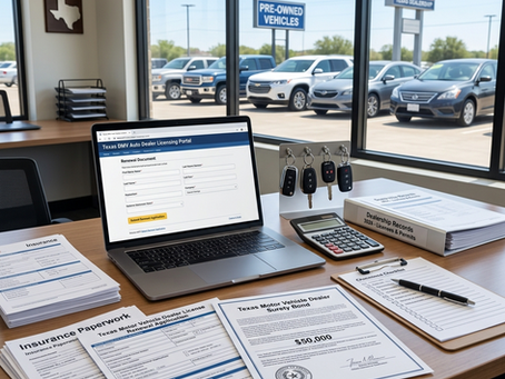 Create a professional vertical blog header image featuring a modern Texas independent auto dealership completing its license renewal. Show a dealership office with a laptop displaying an online renewal portal, a Texas Auto Dealer License renewal application, a $50,000 Texas Motor Vehicle Dealer Surety Bond document, dealership records, insurance paperwork, clipboard, calculator, vehicle keys, and several clean used vehicles displayed outside. Include subtle Texas branding, such as a Texas flag or outline of Texas in the background. Bright commercial photography style, no people, minimal or no text, highly realistic, image-focused composition optimized for a professional blog header.