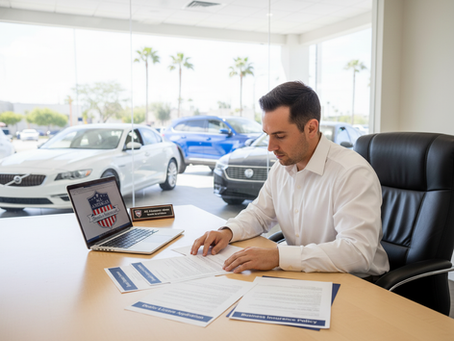 A new dealer reviewing license application, bond, and insurance documents in a dealership office.