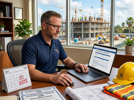 Florida contractor reviewing license renewal documents, continuing education certificates, and insurance paperwork in a construction office.