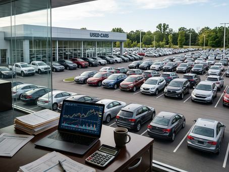 Create a realistic, professional commercial photograph for a business blog about used car dealership profitability. Show a modern independent used car dealership with a large inventory of vehicles on the lot, subtle visual cues of financial analysis such as paperwork, a calculator, and a laptop with generic financial charts in the foreground. No people, no logos, no readable text. Clean dealership environment, realistic automotive photography, professional business atmosphere, sophisticated composition, natural lighting, wide horizontal composition designed for a blog header.