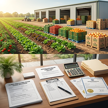 Split image of a produce farm with crates and tractor, and a desk with Florida agricultural dealer license forms, calculator, and papers.